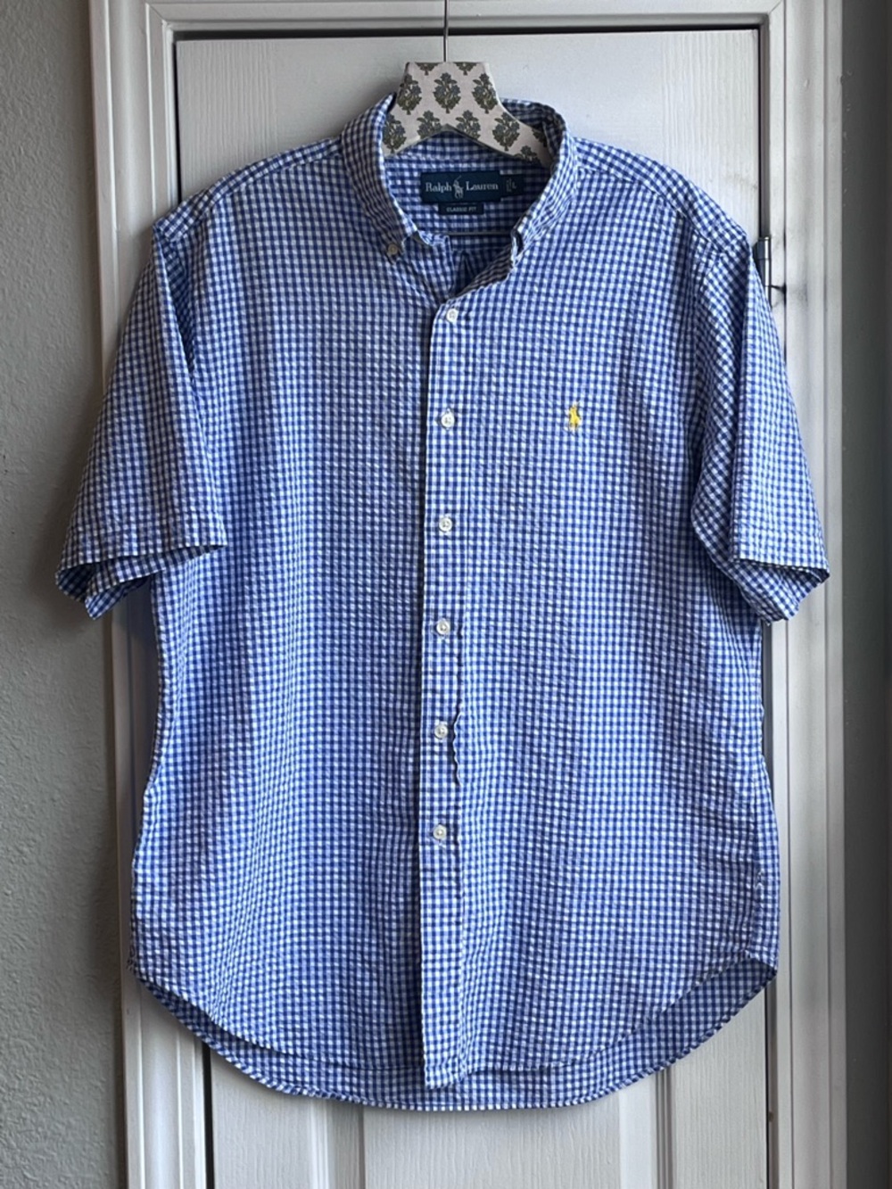 Polo Ralph Lauren Blue White Gingham S/S Oxford Button Down Shirt Size L